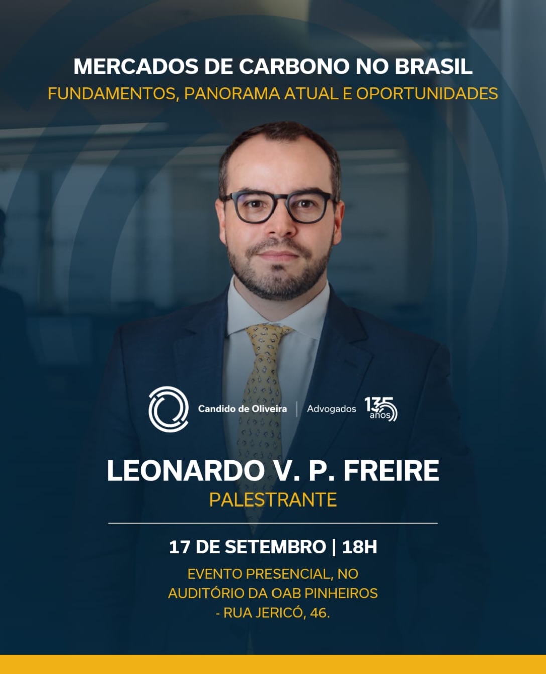 Os mercados de carbono vêm ganhando espaço nas discussões sobre sustentabilidade, regulação e estratégia empresarial no Brasil.

No dia 17 de setembro, nosso sócio @leonardopaivafreire participa do evento “Mercados de Carbono no Brasil: Fundamentos, Panorama Atual e Oportunidades”, promovido pela OAB/SP, Subseção de Pinheiros.
Ao lado de Cristiane Moreno e Maximilian Schnitzlein, e com Leonardo Barém Leite como debatedor, o encontro propõe uma análise do cenário atual e das oportunidades relacionadas ao desenvolvimento desse mercado no país.

O nosso sócio Leonardo Freire, é Mestre em Direito pela PUC-SP, certificado em Sustentabilidade Corporativa pela Universität St. Gallen, na Suíça e professor de Direito & ESG na PUC-SP.

No dia 17 de setembro, às 18h, no auditório da OAB Pinheiros, o encontro será uma oportunidade para ampliar perspectivas sobre um tema que conecta Direito, sustentabilidade e ambiente de negócios.

Um debate relevante para compreender os caminhos e as oportunidades que se apresentam para o mercado de carbono no Brasil.
