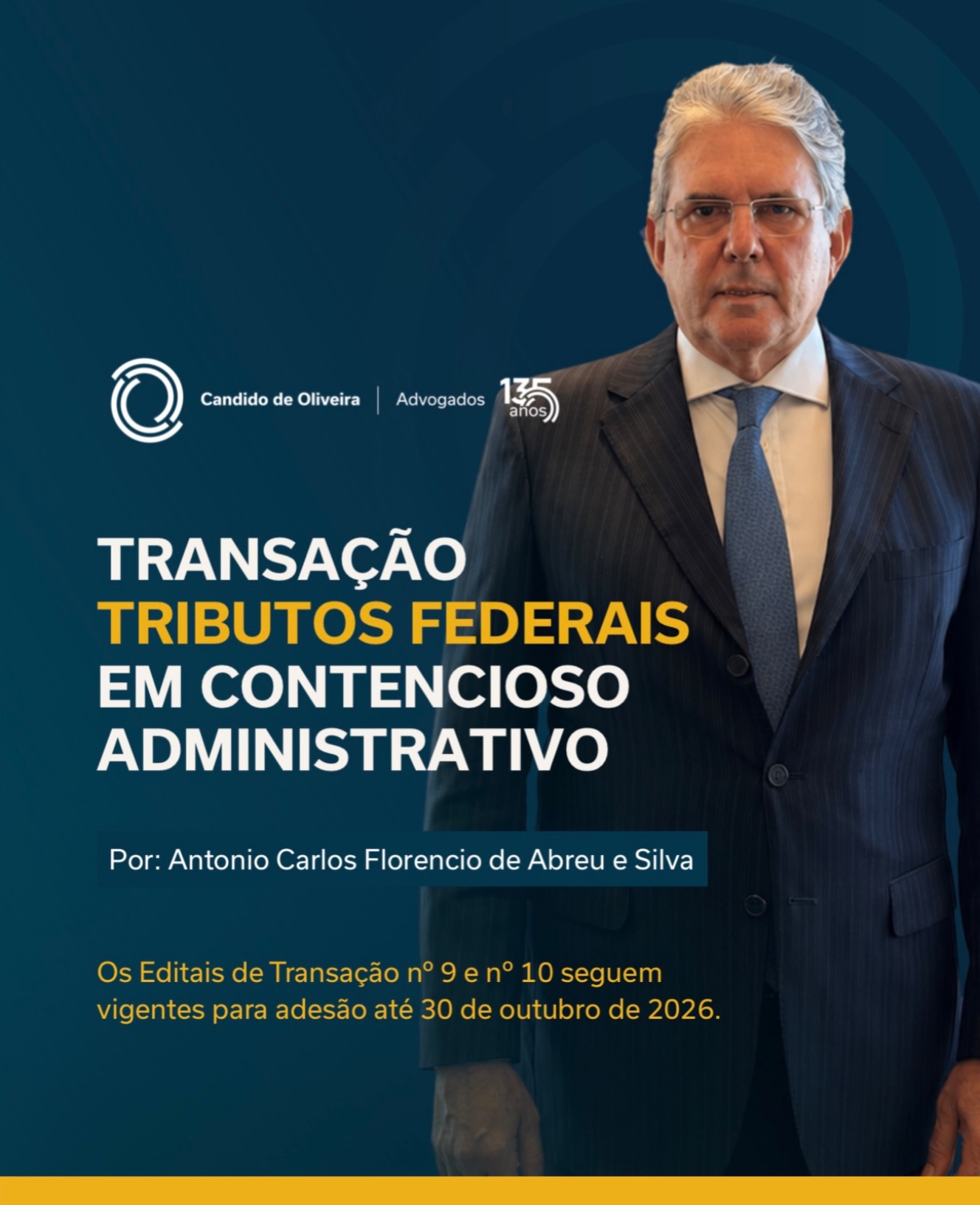 Os Editais de Transação nº 9 e nº 10 seguem vigentes para adesão até 30 de outubro de 2026, oferecendo condições diferenciadas para a regularização de débitos tributários em contencioso administrativo junto à Receita Federal.

As possibilidades abrangem desde débitos de até R$ 50 milhões até débitos de pequeno valor, observados os critérios e condições previstos em cada Edital.

No carrossel, Antonio Carlos Florencio de Abreu e Silva apresenta os principais pontos e as condições para adesão.